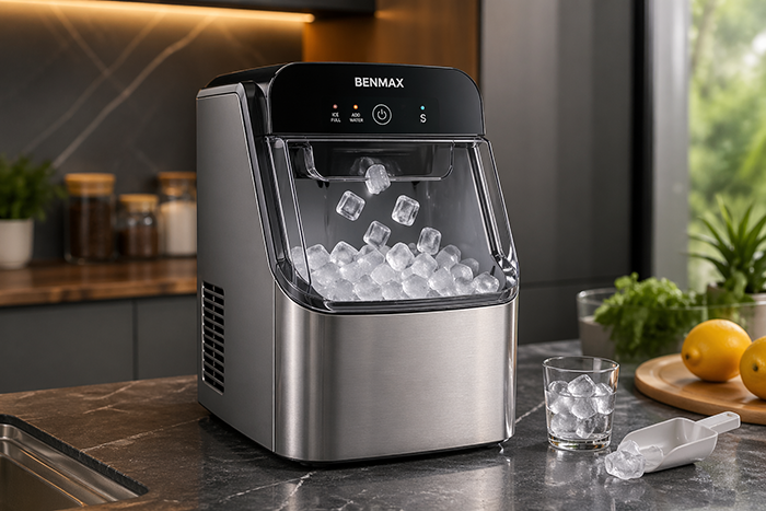 Máquina de Gelo Benmax moderna em bancada de cozinha, cubos de gelo frescos caindo no compartimento, iluminação natural, ambiente sofisticado, estilo realista, alta resolução, foco em detalhes, fundo desfocado"