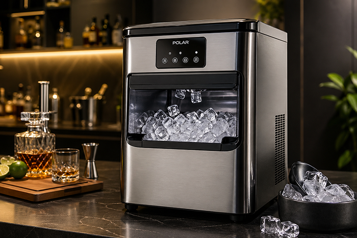 Máquina de gelo Polar moderna em inox escovado sobre bancada gourmet sofisticada, cubos de gelo cristalinos caindo no recipiente, iluminação cinematográfica, ambiente elegante contemporâneo, ultra realista, fotografia profissional, alta definição, detalhes premium, foco nítido, estilo catálogo de luxo.