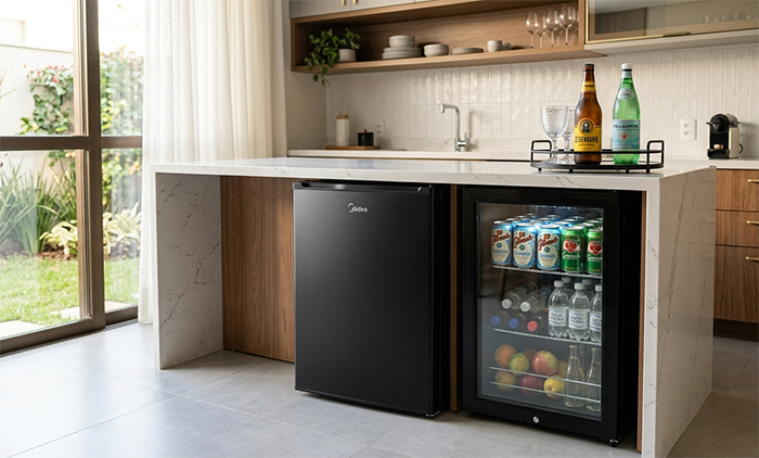 Frigobar 93 litros Midea preto moderno em uma cozinha compacta elegante, iluminação natural, bancada clean, bebidas geladas ao lado, estilo realista premium, fotografia de produto profissional, ambiente sofisticado, ultra realista, alta definição