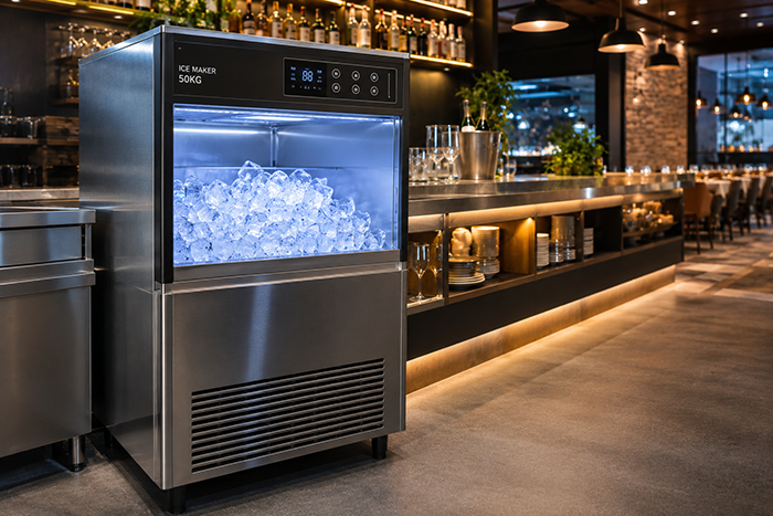 Máquina de Fabricação de Gelo 50kg em restaurante moderno, reservatório cheio de cubos cristalinos, aço inox premium, ambiente comercial sofisticado, iluminação profissional, fotografia hiper-realista detalhada
