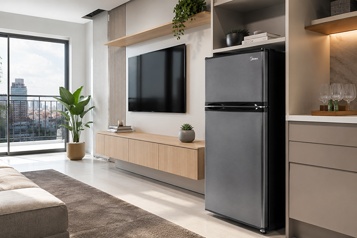 Frigobar duplex com congelador em ambiente moderno.