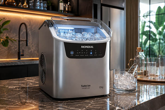 Máquina de gelo Mondial produzindo cubos de gelo em cozinha moderna.