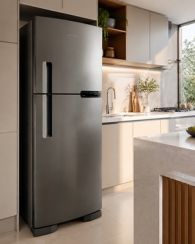 Geladeira Brastemp BRM44HK Frost Free 375 Litros Inox em cozinha gourmet moderna.