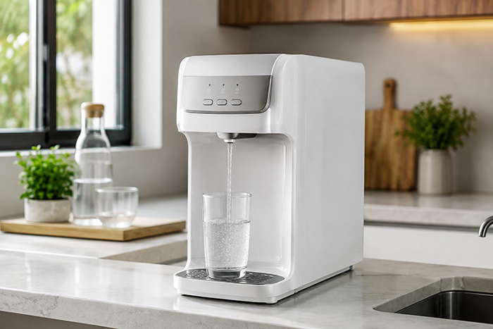 Purificador De Água Midea branco instalado em cozinha moderna fornecendo água filtrada.