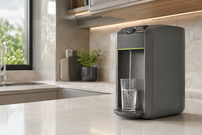 Purificador de água Consul CPC31AF cinza instalado em cozinha moderna