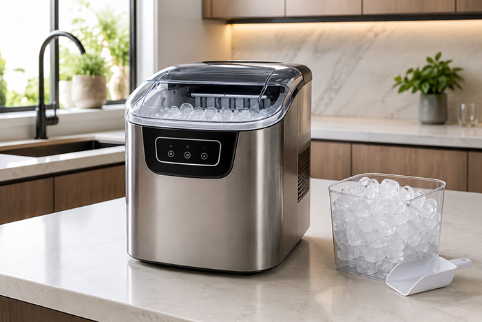 Máquina de gelo caseira produzindo cubos de gelo em cozinha moderna