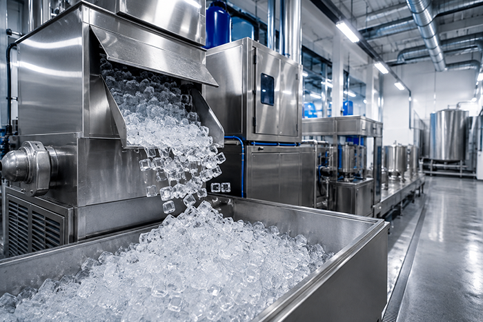 Máquinas para fábrica de gelo industriais em ambiente de produção com estrutura em aço inox e reservatório de gelo.