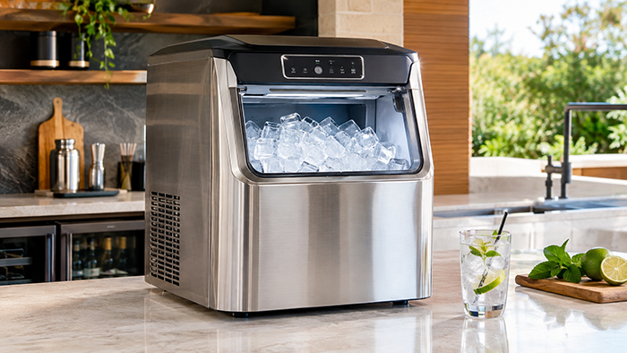 Máquina de fazer gelo 20 kg produzindo cubos em uma área gourmet