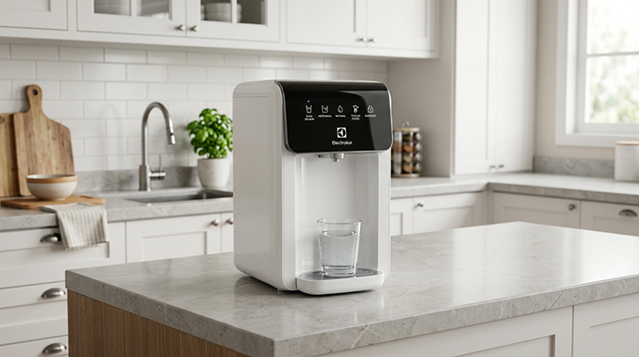 Purificador de água Electrolux PE11B branco em bancada de cozinha planejada.