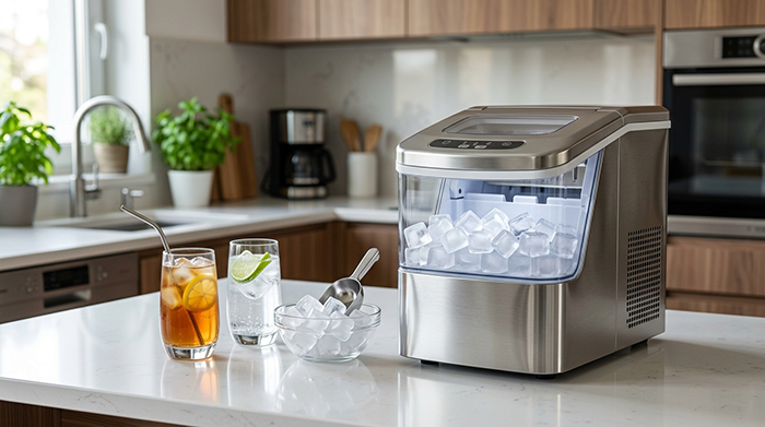 Máquina de gelo filtrado compacta produzindo cubos de gelo em cozinha gourmet