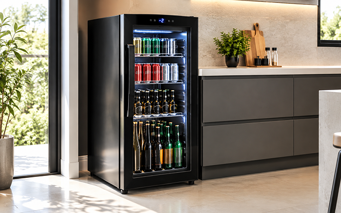 Cervejeira pequena Consul preta com bebidas em área gourmet moderna