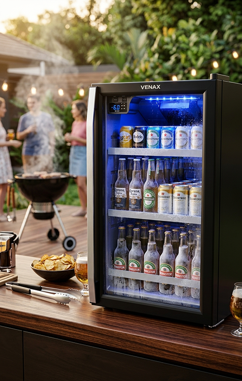 Cervejeira 100 litros Venax Blue Light preta com porta de vidro e iluminação azul interna