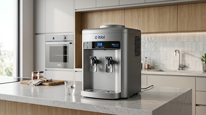 Purificador de água IBBL FR600 Speciale prata com compressor em uma cozinha moderna.
